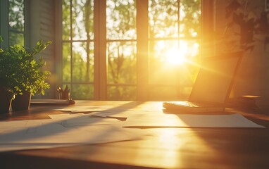 Poster - A warm, serene workspace bathed in sunlight, featuring greenery, a desk, and a laptop, ideal for productivity and inspiration.