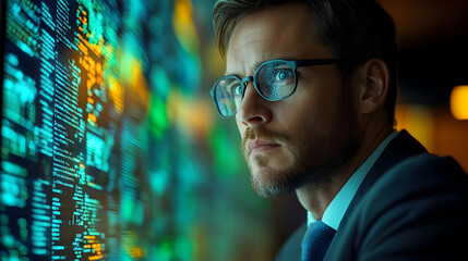 Focused Programmer in Suit Looks at Code on Monitor - Realistic Photo