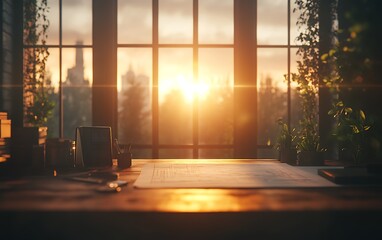 Poster - A serene workspace featuring a desk with plants, basking in warm sunlight streaming through large windows at sunrise.