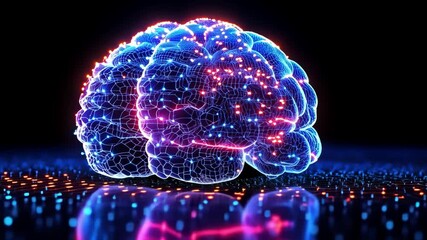 Poster - Illuminated digital brain with network connections reflecting on a surface at night