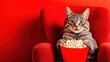 © petro - Cute cat enjoying movie with popcorn in red armchair