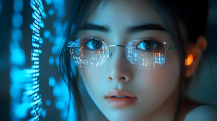 Woman with Digital Glasses in Blue Light