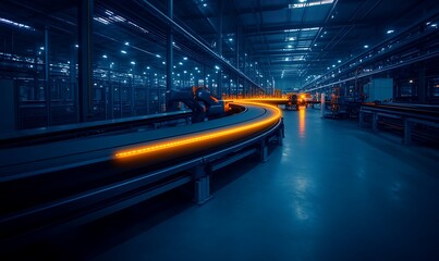 Aufkleber - A dimly lit industrial space featuring a conveyor belt with glowing details, highlighting a modern manufacturing environment.