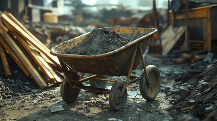 A weathered wheelbarrow filled with gravel sits on a construction site, surrounded by wooden planks and debris in a bustling work environment.