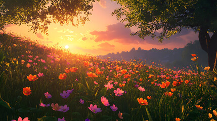 Poster - flowers and grass in a countryside at sunset time springtime