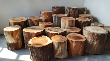 Poster - pile of naturial log round teak wood tree stump texture background pattern use for interior wall decoration