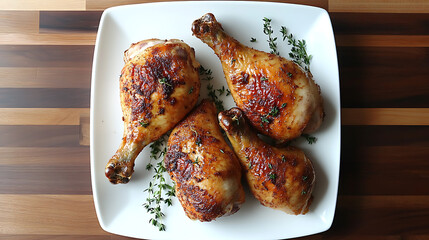 Poster - roasted chicken leg quarters with crispy golden brown skin with fresh green thyme leaves on white plate on dark wooden boards, view from above