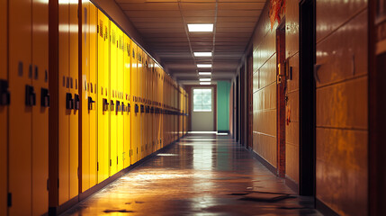 Poster - school hallway with yellow lockers and empty walls