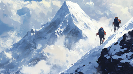 Poster - two mountaineers hiking up a snowy mountain