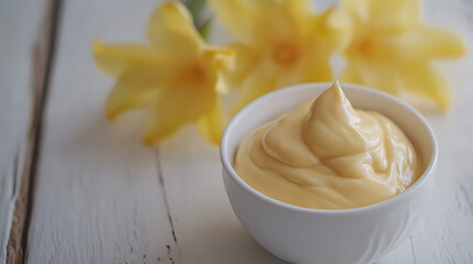 Aufkleber - Traditional mayonnaise sauce in white ceramic bowl and ingredients for its preparation on white wooden background, Selective focus