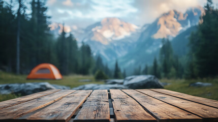 Poster - Wooden table background of free space for your decoration and blurred background of camping in mountains