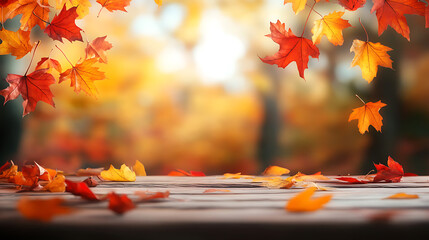 Poster - Wooden table and blurred Autumn background, Autumn concept with red-yellow leaves background