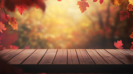 Aufkleber - Wooden table and blurred Autumn background, Autumn concept with red-yellow leaves background