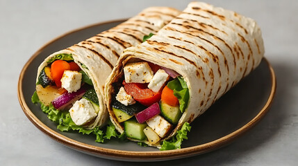 Poster - wrap sandwich with grilled vegetables and feta cheese on a plate, grey background, copy space