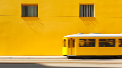 Poster - Yellow tram moving past yellow building in Lisbon, Portugal