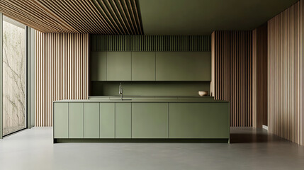 Poster - a minimalist interior design with a green kitchen and wood slat wall