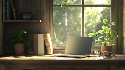 a sunny window in a wooden hutch with two books, a laptop, a plant, and glasses