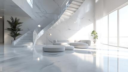 Poster - elegant modern living room in a space with a marbled staircase mockup 3d rendering