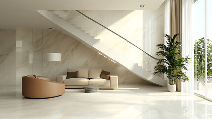 Poster - elegant modern living room in a space with a marbled staircase mockup 3d rendering