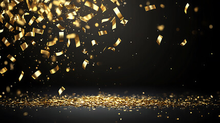 Fototapete - raining gold confetti isolated on black, party background concept with copy space for award ceremony, New Year's Eve and jubilee