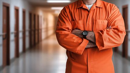Aufkleber - prisoner in an orange prison uniform against the backdrop of a prison