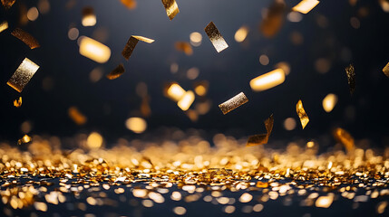 Poster - raining gold confetti isolated on black, party background concept with copy space for award ceremony, New Year's Eve and jubilee