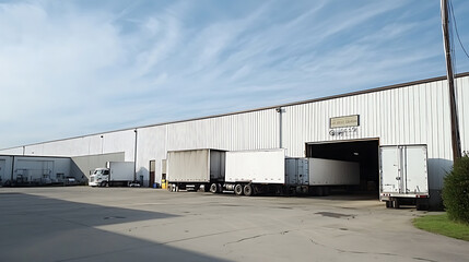 Poster - white warehouse with trucks in front of it and outside the building