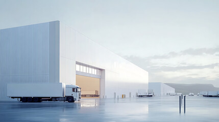 Poster - white warehouse with trucks in front of it and outside the building