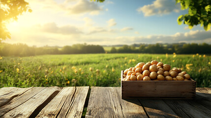 Poster - wooden box full of potatoes on table with green field on sunny day