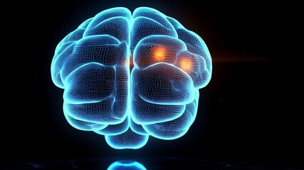 Poster - Blue wireframe brain model with glowing neural connections on a dark background