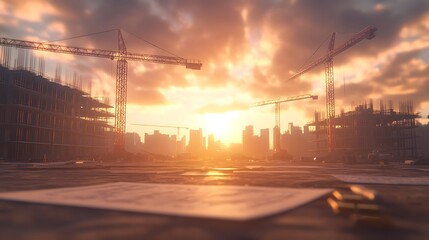 Poster - A construction site at sunset, showcasing cranes against a city skyline, with blueprints scattered on a surface, highlighting urban development and progress.