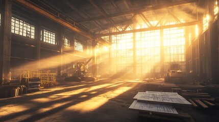 Poster - A bright industrial warehouse illuminated by sunlight streaming through large windows, creating dramatic shadows and a warm atmosphere.