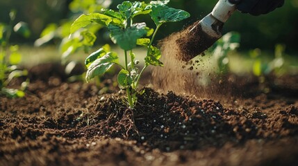 Gardening hands planting a young vegetable seedling in rich soil during the afternoon