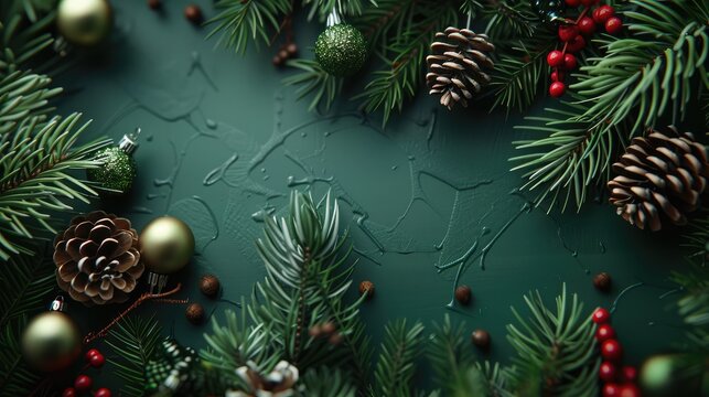 Green Christmas background with fir branches and decorations, Christmas festival concept.