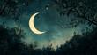 © Anuson - digital art illustration of the night sky, with silhouettes of trees and stars twinkling in the background. The moon is visible on one side of the scene
