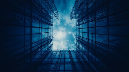 Poster - A view looking up between two tall structures, framed by scaffolding, revealing a bright sky with clouds above.