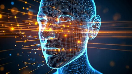 Poster - Digital representation of a human face with glowing particles illustrating technological advancement