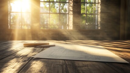 Poster - A serene, sunlit room with wooden floors and a blank paper, evoking creativity and inspiration in a calm atmosphere.