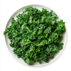 A plate of crisp kale chips, isolated on a white background, emphasizing a healthy snack