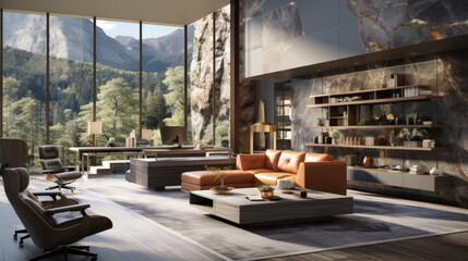 Wall Mural - Modern living room with large windows overlooking mountain landscape.