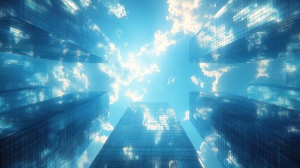 Wall Mural - A low angle view of a skyscraper city with a bright blue sky and white clouds.