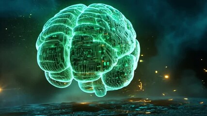 Poster - A digital representation of a glowing brain with circuit patterns amidst a dark background at night