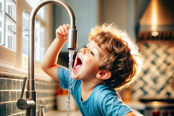 Young boy drinking directly from a faucet in a kitchen setting, enjoying fresh water. Captures innocence, curiosity, and the importance of hydration and clean water.