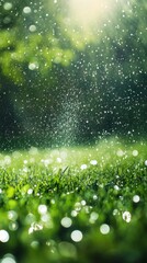 Poster - Sunlight through raindrops on grass, refreshing atmosphere
