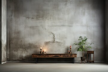 Wall Mural - A rustic wooden console table with candles and a potted plant sits in front of a concrete wall.