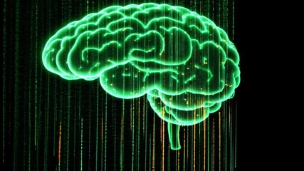 Poster - A glowing green brain design with digital rain effects set against a black background