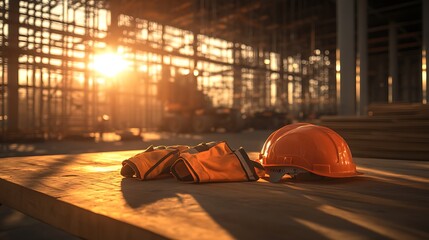 Aufkleber - A construction site at sunset, featuring orange safety gear, including a helmet and vest, symbolizing safety and labor in progress.