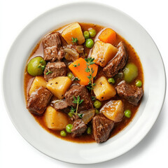 Wall Mural - A plate of hearty beef stew, isolated on a white background, highlighting a classic comfort food