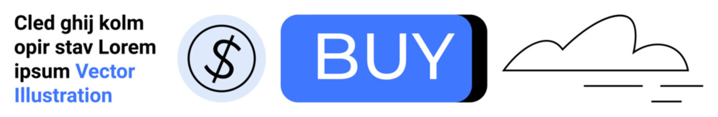 dollar icon, buy button, cloud outline, lorem ipsum text in a clean layout. ideal for e-commerce, us