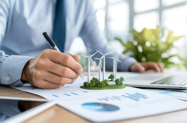 Poster - Business professional analyzes renewable energy models to enhance sustainable development strategies